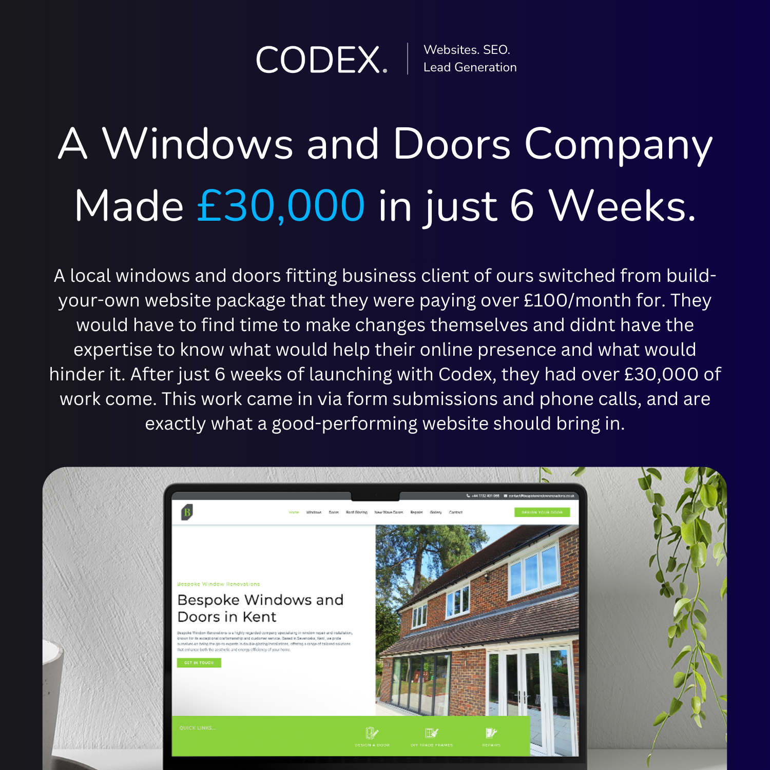 Windows and doors company made £30,000 in 6 weeks with Codex Web Development